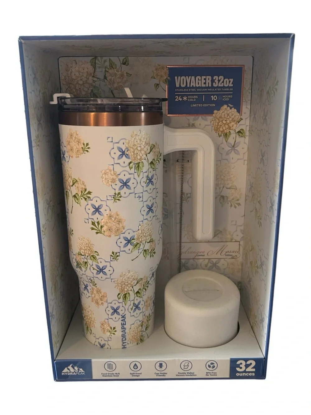 HydraPeak Voyager 32oz Hydrangea Mosaic Limited Edition Tumbler Set White Floral
